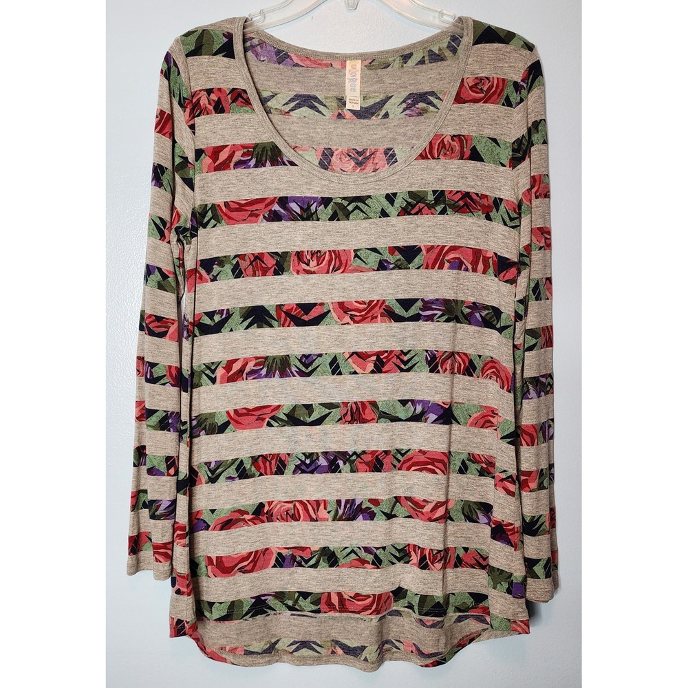 LuLaRoe‎ Gray Rose Floral Stripe Long Sleeve Scoop Neck Top Shirt Size S